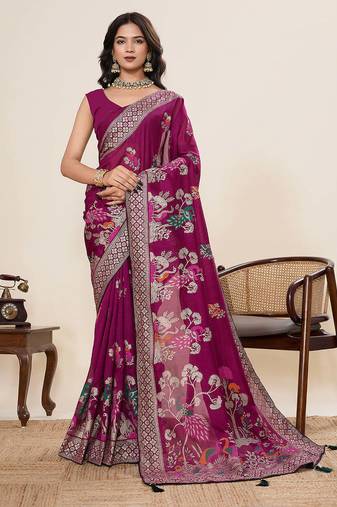 violet cotton blend saree with unstiched blouse