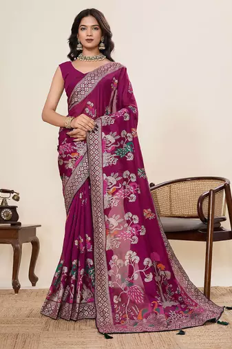 violet cotton blend saree with unstiched blouse