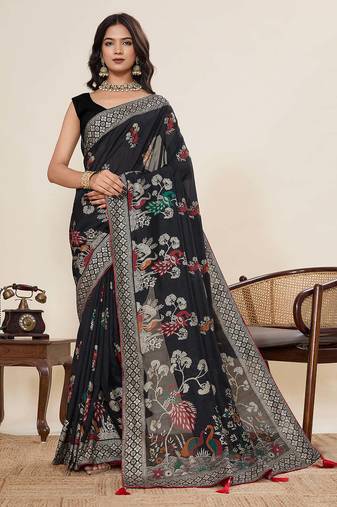 black cotton blend saree with unstiched blouse