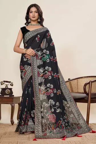 black cotton blend saree with unstiched blouse