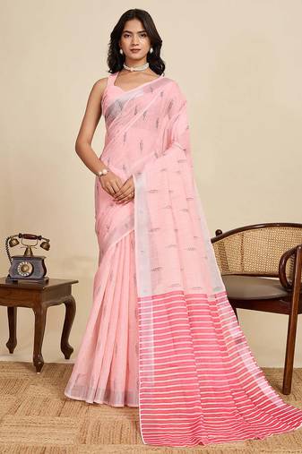 baby pink linen saree with unstiched blouse
