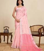 baby pink linen saree with unstiched blouse