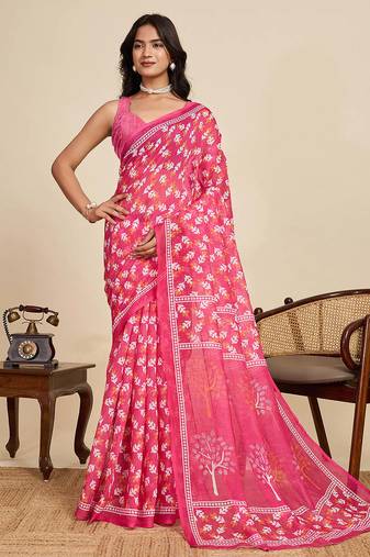 pink linen saree with unstiched blouse