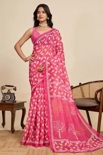 pink linen saree with unstiched blouse