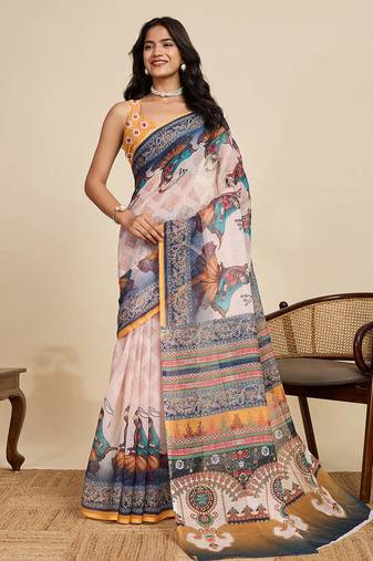 white linen saree with unstiched blouse