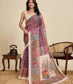 violet linen saree with unstiched blouse