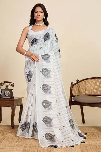 white linen saree with unstiched blouse