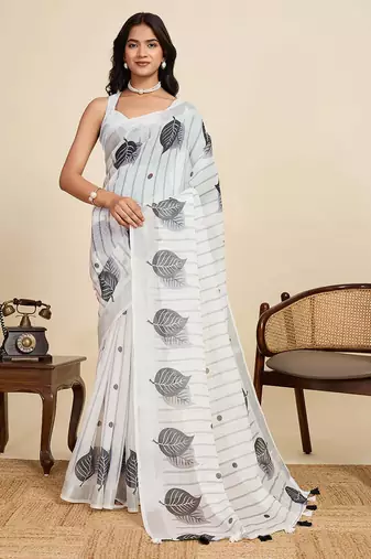 white linen saree with unstiched blouse