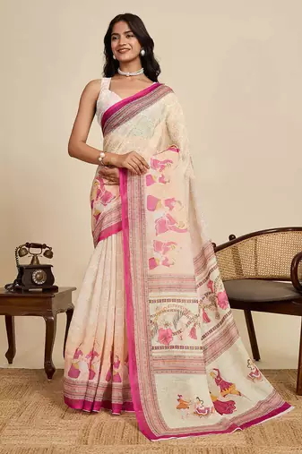 cream linen saree with unstiched blouse