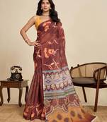 maroon linen saree with unstiched blouse