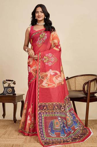 red linen saree with unstiched blouse