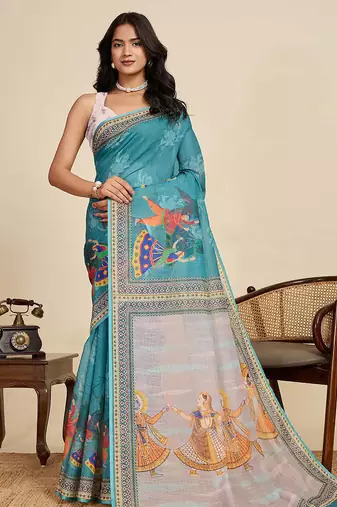 sea green linen saree with unstiched blouse
