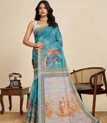 sea green linen saree with unstiched blouse