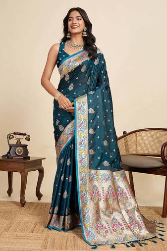 Teal blue soft silk sarees with unstiched blouse
