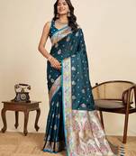 Teal blue soft silk sarees with unstiched blouse