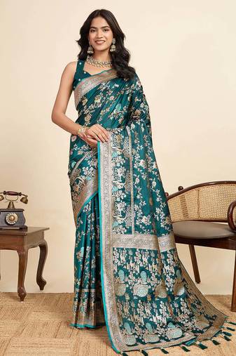 teal green soft art silk sarees with unstiched blouse
