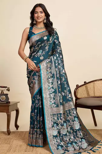 teal green soft art silk sarees with unstiched blouse