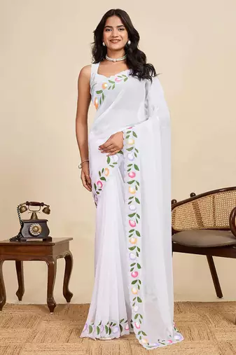 white georget soft saree with unstiched blouse