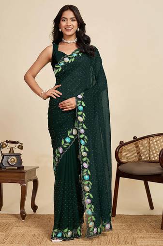 green georget soft saree with unstiched blouse