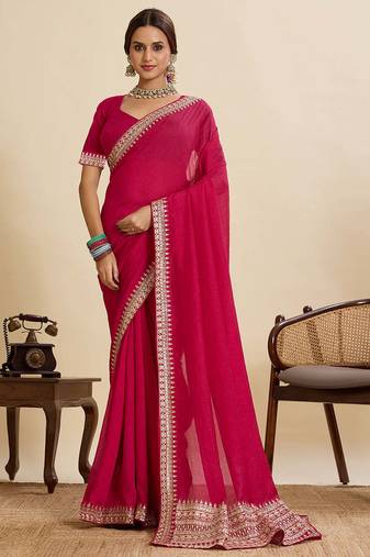 Pink vichitra soft silk saree with unstiched blouse