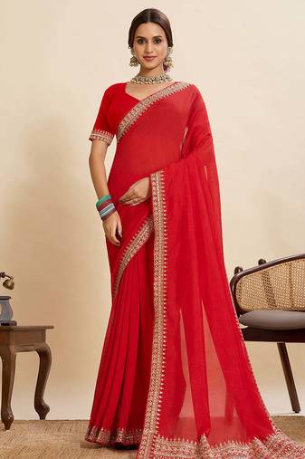Red vichitra soft silk  saree with unstiched blouse