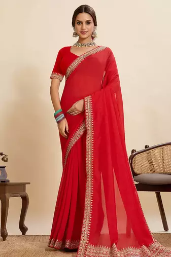 Red vichitra soft silk  saree with unstiched blouse