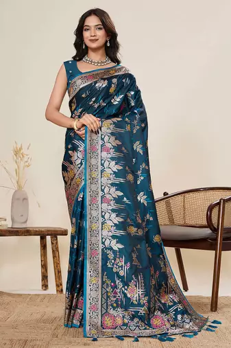 Teal soft silk sarees with unstiched blouse