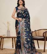Teal blue soft silk sarees with unstiched blouse