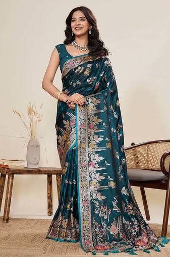 Teal green soft silk sarees with unstiched blouse