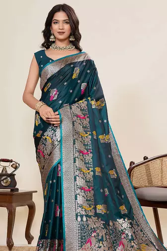 Teal green soft silk sarees with unstiched blouse