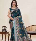 Teal green soft silk sarees with unstiched blouse