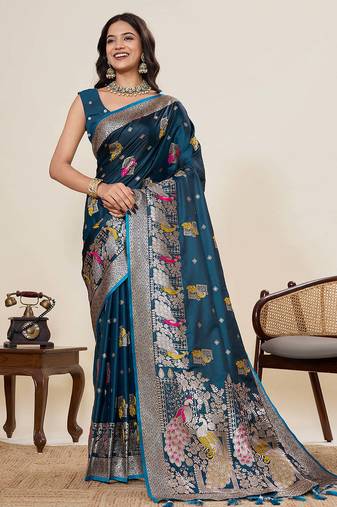 Teal blue soft silk sarees with unstiched blouse