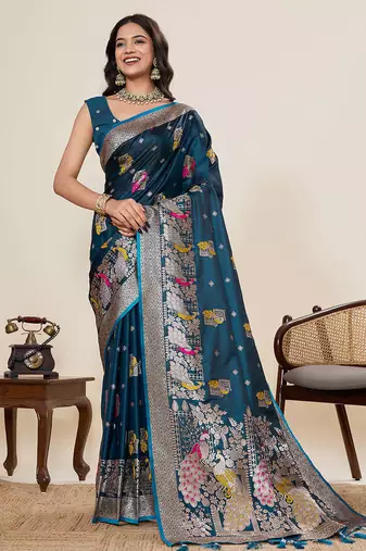 Teal blue soft silk sarees with unstiched blouse