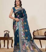Teal blue soft silk sarees with unstiched blouse