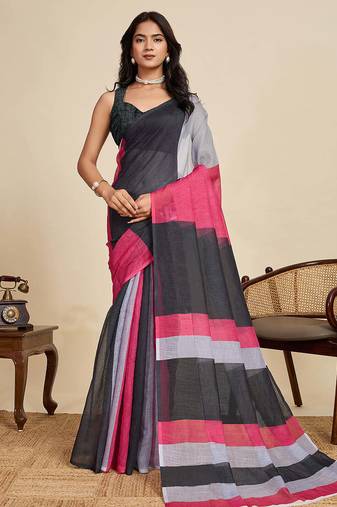 multicolour linen saree with unstiched blouse