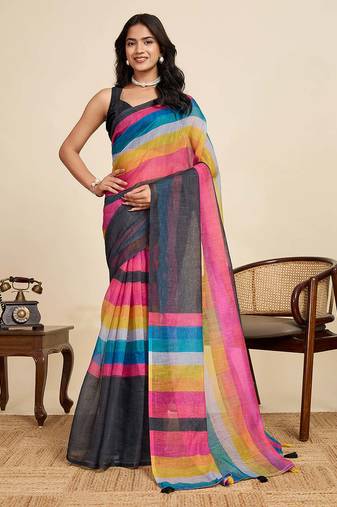 multicolour linen saree with unstiched blouse