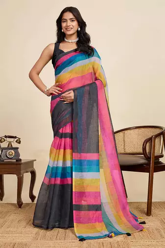 multicolour linen saree with unstiched blouse
