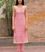 Pink hand block printed cotton lurex kurta with pants- set of 2