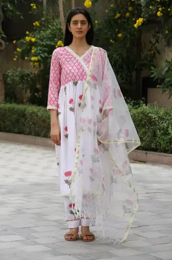 Red hand block printed cotton dobby suit- set of 3