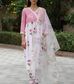 Red hand block printed cotton dobby suit- set of 3