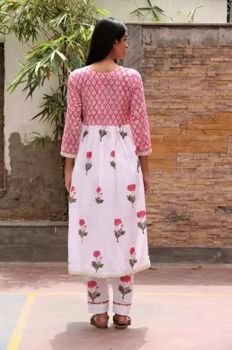 Red hand block printed cotton dobby suit- set of 3