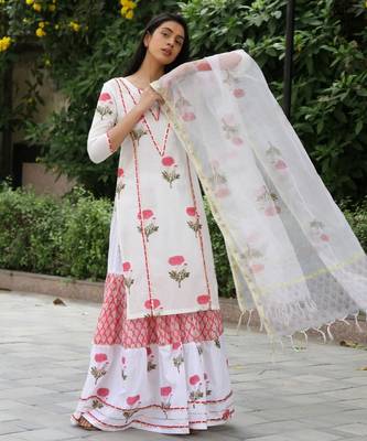 Red hand block printed cotton dobby gharara suit- set of 3 1
