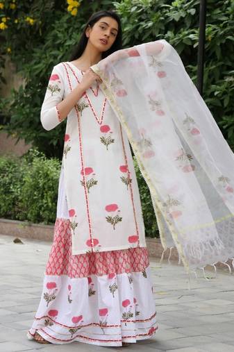 Red hand block printed cotton dobby gharara suit- set of 3