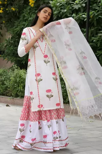 Red hand block printed cotton dobby gharara suit- set of 3