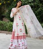 Red hand block printed cotton dobby gharara suit- set of 3