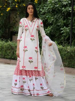 Red hand block printed cotton dobby gharara suit- set of 3 2
