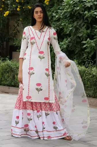 Red hand block printed cotton dobby gharara suit- set of 3