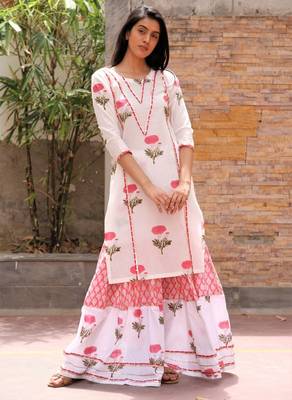 Red hand block printed cotton dobby gharara suit- set of 3 3