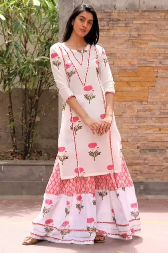 Red hand block printed cotton dobby gharara suit- set of 3