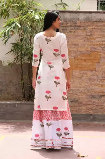 Red hand block printed cotton dobby gharara suit- set of 3